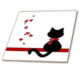 3dRose ct_164791_1 Pet Lovers Red Hearts Black Kitty Cat Ceramic Tile, 4" [並行輸入品]
