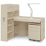 デスク ワークデスク 学習デスク 100cm パソコンデスク 机 ワゴン付き ライト付き (ホワイトウォッシュ)