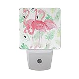 Alaza Watercolor Green Palm Leafピンクフラミンゴ鳥LED Night Light Dusk to Dawnセンサープラグin Night Home Decorデスクラン