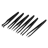 uxcell ピンセット 帯電防止 プラスチック材質 カーブヘッド フラット 6in1 ブラック