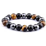 Tree of Life Triple Protection Bracelet - Hematite for Balance - Tiger Eye for Power - Obsidian Crystal for Protection - Stre