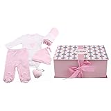 Minene Luxury 4 Piece Baby Girl Gift Set 0-3M Body Suit Trousers Hat Star Blanket (Pink) by Minene