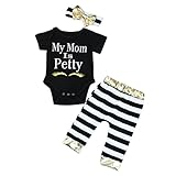 Aliciga 子供服 女の子 ロンパース レターロンパー 蝶結び my mom is pretty プリント OネックTシャツ+ロングパンツ+ヘッドバンド 上下セット 衣装セット リボン かわいい 