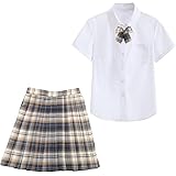 ルナリ 制服 3点セット 女子高生 JK ブラウス スカート リボン チェック柄 シンプル ハロウィン 仮装 コスプレ (茶色, M)