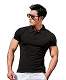 [マナツライフ] メンズ ポロシャツ 半袖 夏 冷感生地 吸汗速乾 Vネック ポタンなし 折襟 筋トレ ストレッチ 細身 開襟 トレーニングウェア ビジネス風 PLDX7 (XL, ブラック)