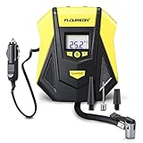 FLOUREON エアコンプレッサー 車用空気入れ 空気圧測定 DC12V シガーソケット接続 ノズル付き デジタル表示 LEDライト 自動車 バイク 自転車 ボール 浮き輪【一年間保証付き】
