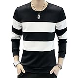 CHROME CRANE(クロム クレイン) メンズ 長袖 シンプル ボーダー プリント Tシャツ デザイン カットソー シャツ LPT009 (02.ブラック,XL)