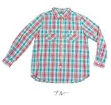 マタニティ 長袖 カシュクールチェックシャツ (M, ブルー)