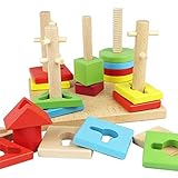 木製のカラフルな5列のブロックセット、幼児の男の子のための赤ちゃんの幾何学的形状の認知玩具女の子の年齢2 +