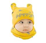 ベビー ニットキャップ＆マフラーセット ポンポン うさぎ耳 あったか 0-12ヶ月(イエロー)
