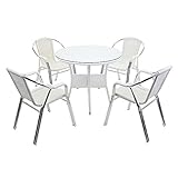 人工ラタンチェア4脚 丸テーブル1台 5点セット 強化ガラス ホワイト 籐 肘掛けカバー付き 家具 ファニチャー インテリア スタッキングチェア リビング chair 椅子 南国 アジアン バリ風 リ