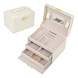 SZTulip　ジュエリーボックス アクセサリーケース ジュエリー収納 大容量 鏡 鍵付き小物入れ トレイ付き 宝石箱 PUレザー (ホワイト)
