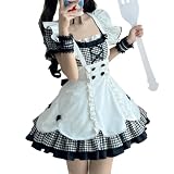 [FULINE] アイドル コスプレ 可愛い ワンピース 半袖 5点セット エプロン アリス風 リボン メイドカフェ 喫茶店 ロリータ服 女装 カチューシャ付き コスチュームセット