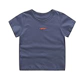 PANCY 子供服 春夏 半袖 Ｔシャツ 男の子 女の子 コットン 無地 かわいい 刺繍(ネイビー,110cm)