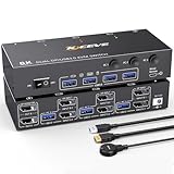 デュアルモニターKVMスイッチ、USB 3.0ディスプレイポートKVMスイッチ、モニター2台、コンピューター3台8K@30Hz 4K@144Hz、コンピューター3台でモニター2台とUSB 3.0デバイス4台を共有、有線リモコンとケーブル付属