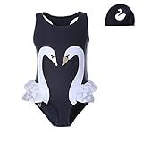 Pettigirl 子供水泳帽付き2点水着 白鳥水着 スクール水着 スイミング 水泳キャップ キッズ水着 女児水着 80cm