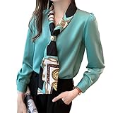 [LHT]シャツ ブラウス レディース Vネック リボン OL エレガント 体型カバー 着痩せ 長袖 通勤 普段着 春 夏 秋 (L, グリーン)