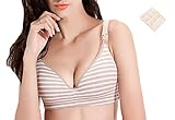 LOVE YANQI レディース 妊娠授乳ブラジャー 調節できるボタン付 ２Ｗａｙオープン ノンワイヤー 延長ホック付き「産前産後兼用」カーキボーダー やさしい綿 マタニティブラジャー