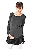 Sweet Mommy シフォン裾プリーツ 大人可愛い しっとりストレッチレーヨン 長袖トップス 着回し 授乳レイヤー シンプル シルエット マタニティ 授乳服／M／チャコール