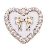 【ハンドメイド素材店】（白・2個） ゴールド パール縁取り リボン ハート チャーム ジュエリー パーツ UVレジン 封入 手芸材料 デコ ピアス ネックレス イヤリング 部品 ハンドメイド材料 アパレルモチーフ (白)