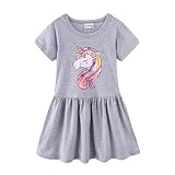LittleSpring キッズ ユニコーン ワンピース 半袖 かわいい プリント コットン 子供服 女の子 グレー 120