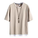 [Hiboss] tシャツ メンズ 半袖 無地 重ね着風 大きいサイズ ゆったり 五分袖 メンズ 夏服 カーキXXXL