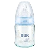 Nuk First Choice+ Glass Baby Bottle 120 ml Size 1 S (0-6 Months) with Anti-Colic Silicone Teat by NU