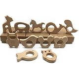 Kissteether 11pcs オーガニックブナの木自然手作りの木製の動物の歯磨き粉出産祝いのDIYパーソナライズされたペンダント緑の木の赤ちゃんのおもちゃ、歯磨き粉 (11pcs)
