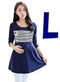 (mind items) マタニティ ウェア ワンピース ボーダー タイプ 授乳口 付き(ファスナー43センチ） Mサイズ Ｌサイズ ＸＬサイズ (L ネイビーブルー)