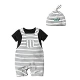 Milkiwai キッズ用 半袖Tシャツ サロペット ベビー オーバーオール 綿素材 帽子 男の子 3点セット ストライプ柄 size 80 (ブラック)