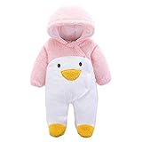 ベビーカバーオール　冬 新生児　赤ちゃん　ベビー服　ロンパース　防寒着　着ぐるみ 前開き　フード付き 出産祝い　ふわふわ　長袖 男の子 女の子　（ペンギン ピンク）0-3ヶ月　3-6ヶ月　6-9ヶ月　