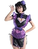 [Miccostumes] 大人 女性 コスチューム メイド コスプレ 衣装 セクシー 胸開き ハート チャイナ ドレス ランジェリー セット (XL, ブラック＆パープル)