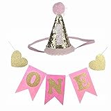 Kingsie 誕生日ヘアバンド ガーランド 2点セット ベビー 赤ちゃん 1歳 キャップ 三角帽子 かわいい キラキラ 記念写真 撮影 女の子 男の子 (ピンク)