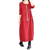 コットン リネン ワンピース レディース Fortan スカート ロング丈 無地 刺繍 長袖 大きいサイズ 女性 ロングワンピース ゆったり ラウンドネック 夏秋着 綿麻生地 セクシー カジュアル 大