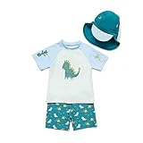 Bonverano　ラッシュガード　男の子　半袖　セパレート　紫外線対策　UVカット　水着　UPF50+　キャップ付き　三点セット (恐竜, 5T)