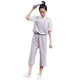 [RSWHYY] レディース サロペット オールインワン オーバーオール サスペンダー カジュアル 春秋 ロングパンツ リボン付き 無地 つなぎ服 ゆったり 七分丈 学院風 森ガール グレー L