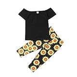 ひまわりプリント ワンネックブラウス Tシャツ ロングパンツ 上下2セット 女の子 半袖 無地 トップ 花柄 ロングパンツ 子供服 80 90 100 110 120 6-12ヶ月 1-5歳 (2-3