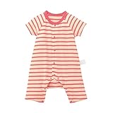 フライス半袖カエルロンパース チェリー系ボーダー サイズ：８０