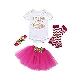 三番目の店　4PCS　赤ちゃんの女の子の誕生日パーティーの服 かわいいロンパー+スカート+ヘッドバンド+レギンス　セット プリンセスドレス (1, ホットピンク)