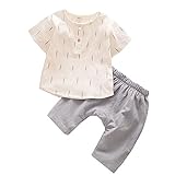 夏子供Ｔシャツ+パンツ ベイビー服 Pojour 1-6歳キッズ用かわいい服 男女兼用2セット 子供ギフト 綿麻 通気 グレー(80cm)