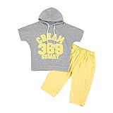 Tonsee ベビー 可愛い レター プリント 半袖 トップス+パンツ 2点セット フード付き 赤ちゃん カジュアルウエア お出かけ (90, グレー)