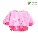 Raymoon かわいい動物柄　防水　防汚　子供エプロン　スモック式 ポリエステル製 絵画、食事時利用可　キッズ　長袖　保育園　ポケット付き　ピンク