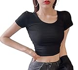 [ルリジューズ] ショート T シャツ カットソー トップス ちびT へそ出し くびれ レディース (M, 黒)