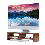 VECELO モニター台 二段式 机上台 モニタースタンド 幅49.7×奥行19.5×高さ12.8 パソコンラック 人間工学デザイン キーボード収納 木製天板 机上ラック pcモニター台 卓上 収納 PCキーボード収納ラック パソコンスタンド PC台 パソコン台 卓上 収納 机上整理 プリンター台 ウォールナット