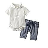 ALLAIBB ベビー服 男の子 上下 2点セット ロンパース パンツ(七分丈) POLO 夏 半袖 無地 前開き お祝い 披露宴 0-24M size 90 (純白)