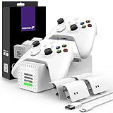 Lakko Fosmon Quad PRO コントローラー充電器 Xbox One/One X/One S Eliteコントローラーに対応 (アップグレード済み) デュアルドック + 2つのバッテリースロットドッキング充電ステーション 4つの充電式バッテリーパック付き - ホワイト