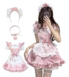 [JIURUN] メイド服 ワンピース ロリータ 猫娘 猫 猫の爪 コスプレ ハロウィン 仮装 レディース エプロン カチューシャ 可愛い メイドカフェー 女装 文化祭 学園祭 (M, ピンク)