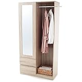 LOWYA （ロウヤ） ハンガーラック ワードローブ クローゼット 鏡付 引出し2杯 転倒防止器具付き 洋服ラック 洋服タンス 幅90cm オーク おしゃれ 新生活