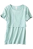 KINDOYO 夏 レディース マミー マタニティ 授乳服 Tシャツ ストライプ 半袖 Tシャツ 妊娠中の服 看護 トップ, グリーン/M