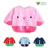 Raymoon かわいい動物柄　防水　防汚　子供エプロン　スモック式 ポリエステル製 絵画、食事時利用可　キッズ　長袖　保育園　ポケット付き　ピンク
